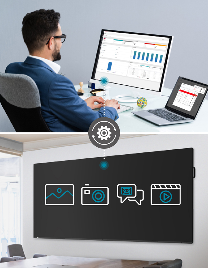 The IT administrator can remotely control and set up devices within the meeting room via LG ConnectedCare DMS.