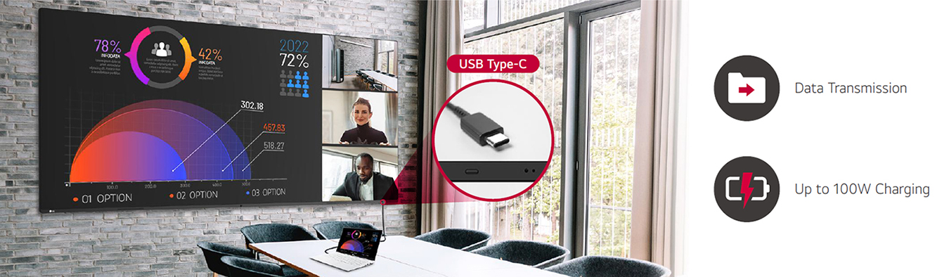 A laptop is connected to the 105BM5N in a meeting room. The 105BM5N supports USB Type-C, allowing simultaneous data transfer and charging through a single cable, promoting a seamless meeting environment.