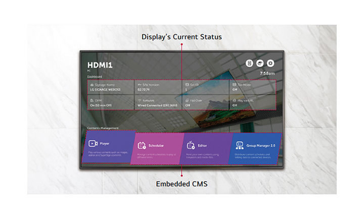 WP600 provides a home menu showing display’s current status and embedded CMS.