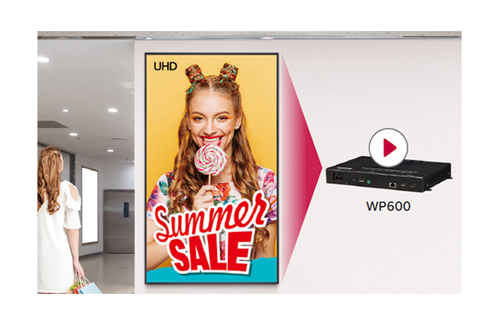 WP600 supports the play of UHD video, and this shopping mall digital signage scene is one of examples.