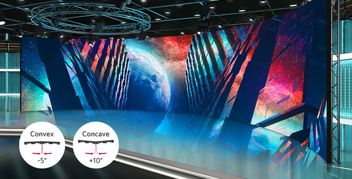 Curved LED walls are installed in a studio.