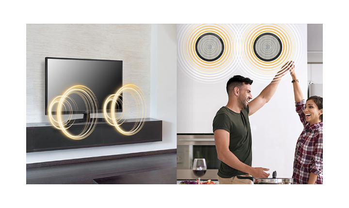 A TV is making sounds in one space, and a man and a woman are listening the sound of TV through external speakers in another space.