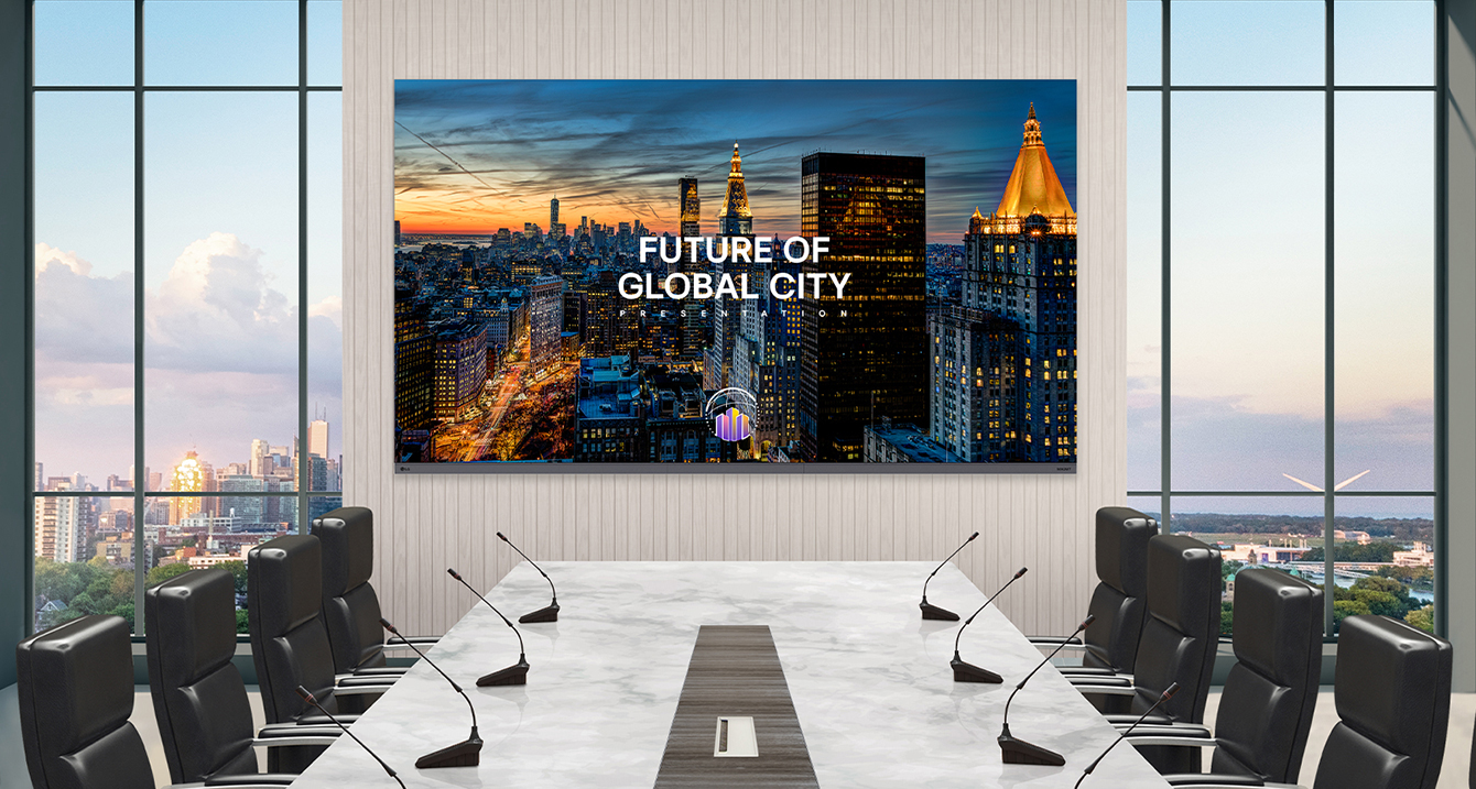 In a luxurious meeting room with a wide conference table and a view of the scenery outside, there is a LG MAGNIT All-in-One, LAAA series, installed on the wall. The 136-inch LAAA screen vividly displays presentation materials for the meeting. 