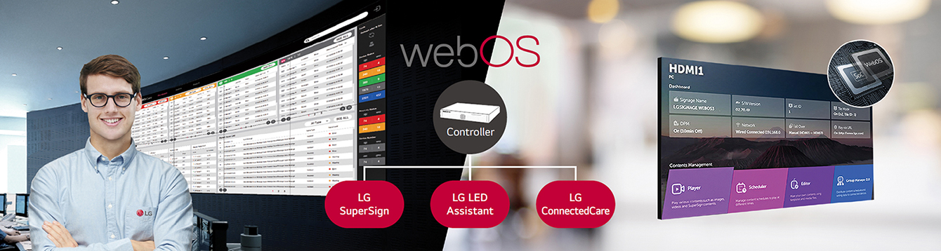 "The LG employee is remotely monitoring the GSCF series installed in a different place by using a cloud-based LG monitoring solution. System controller with webOS enables the GSCF series to be compatible with LG software solutions."