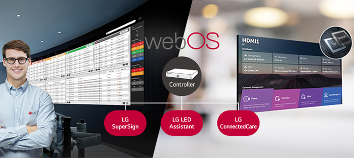 "The LG employee is remotely monitoring the GSCF series installed in a different place by using a cloud-based LG monitoring solution. System controller with webOS enables the GSCF series to be compatible with LG software solutions."