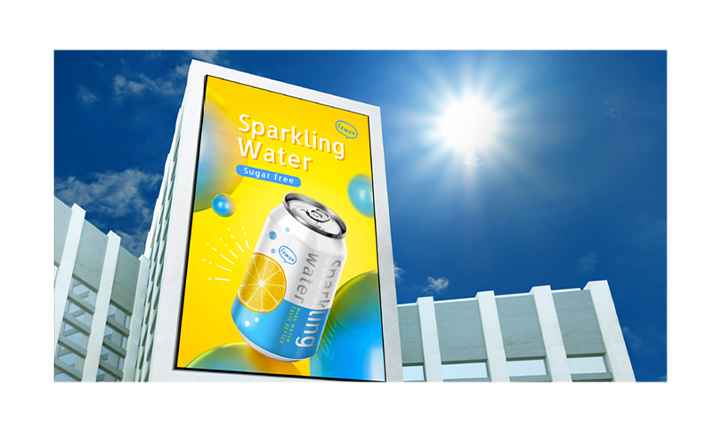 An LED is installed on the exterior wall of the building, transmitting the advertising content with outstanding clarity even under the strong sunlight.