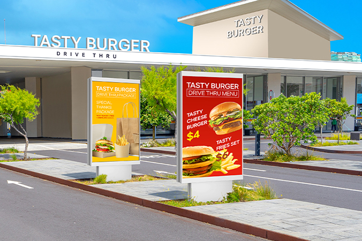 There are two 75XF3Ps installed in the drive-thru zone at the burger place, and they vividly display the burger menu and ads even in bright sunlight.