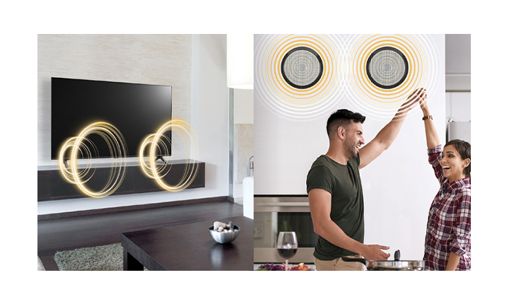 A TV is making sounds in one space, and a man and a woman are listening to the TV sound through external speakers in another space.