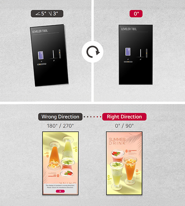 "A display is installed without tilting using the Leveler Tool. With the equipped Horizontal Sensor Tool, the display can be reinstalled in the correct direction if it is incorrectly installed."