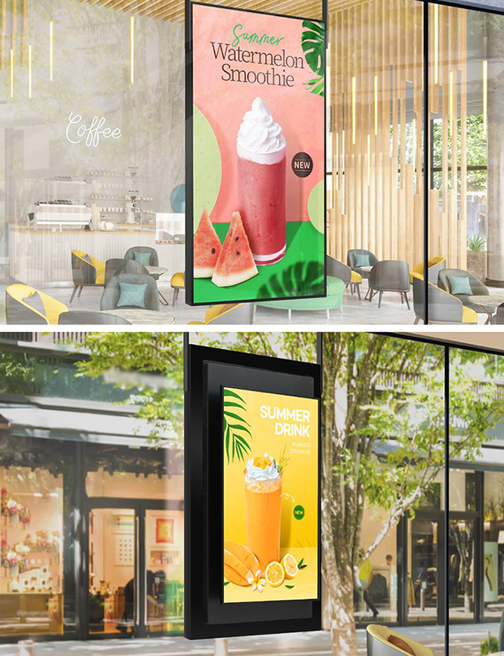 A sleek bezel XS4P is installed on the window inside the cafe, and the backside of the XS4P, with another LED display, is displaying content, effectively utilizing both sides.