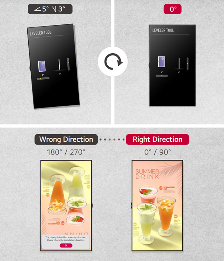 "A display is installed without tilting using the Leveler Tool. With the equipped Horizontal Sensor Tool, the display can be reinstalled in the correct direction if it is incorrectly installed."