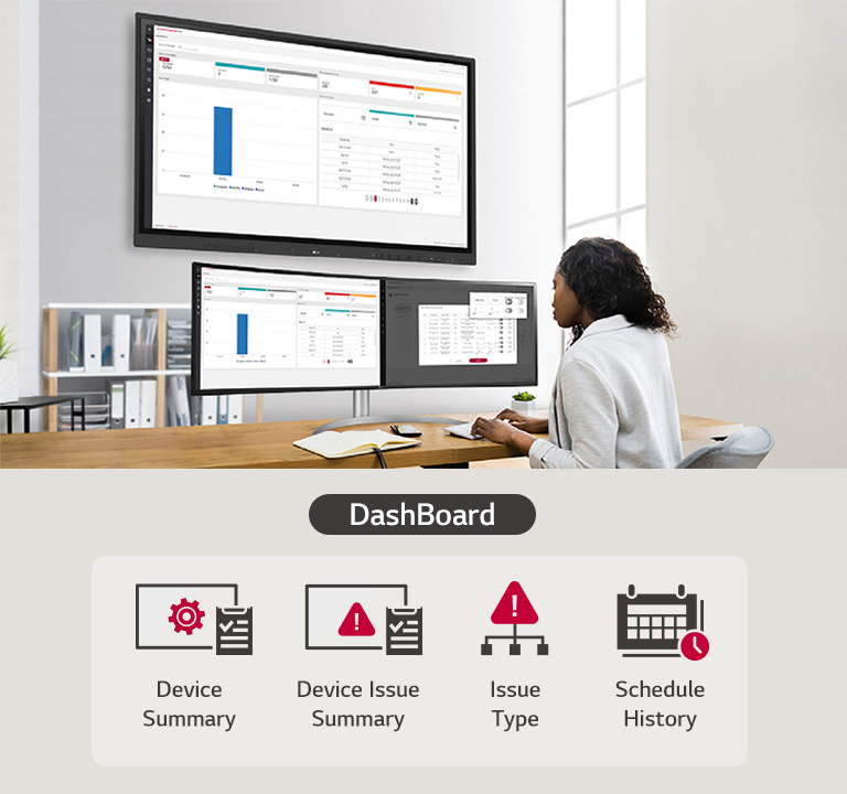 An IT manager is managing/controlling the status of the LG CreateBoard through LG ConnectedCare DMS.