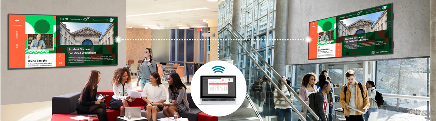 Campus news and announcements are being displayed on wide screens installed in various lobbies. With LG ConnectedCare DMS, the IT manager can remotely broadcast the content to specific devices.