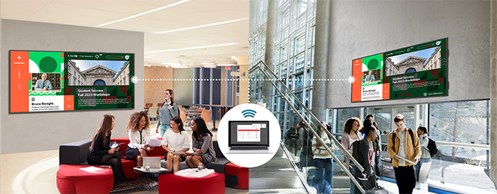 Campus news and announcements are being displayed on wide screens installed in various lobbies. With LG ConnectedCare DMS, the IT manager can remotely broadcast the content to specific devices.