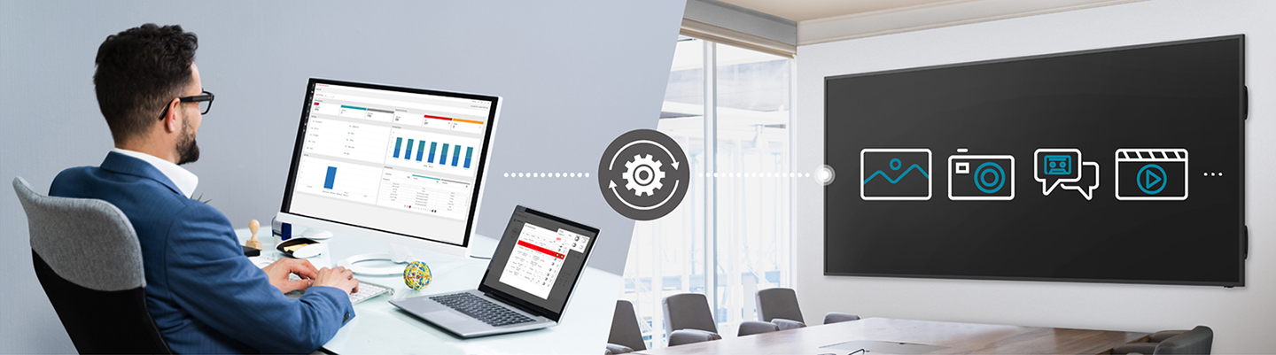 The IT administrator can remotely control and set up devices within the meeting room via LG ConnectedCare DMS.