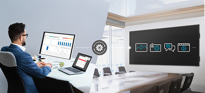 The IT administrator can remotely control and set up devices within the meeting room via LG ConnectedCare DMS.