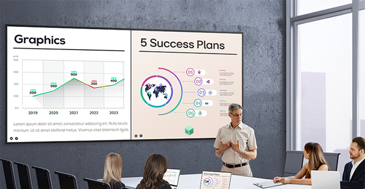 The screens of meeting participants are wirelessly shared on the 105BM5P widescreen, allowing multiple people to share their materials simultaneously on a single screen without any cable interference.