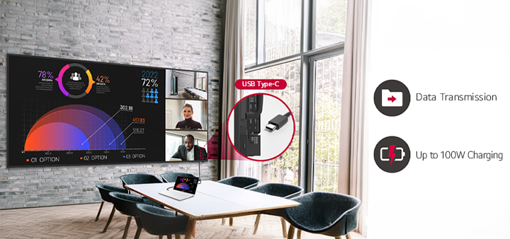 A laptop is connected to the 105BM5P in a meeting room. The 105BM5P supports USB Type-C, allowing simultaneous data transfer and charging through a single cable, promoting a seamless meeting environment.