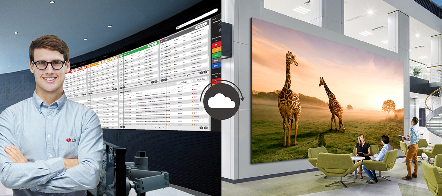 An LG engineer is monitoring the status of the LG MAGNIT installed in a company's lobby in real-time.