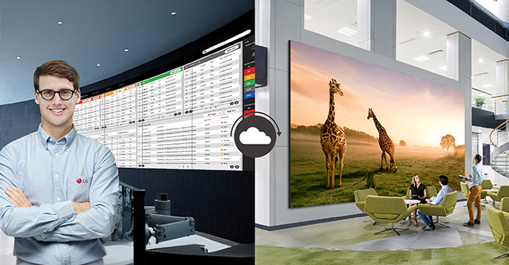 An LG engineer is monitoring the status of the LG MAGNIT installed in a company's lobby in real-time.