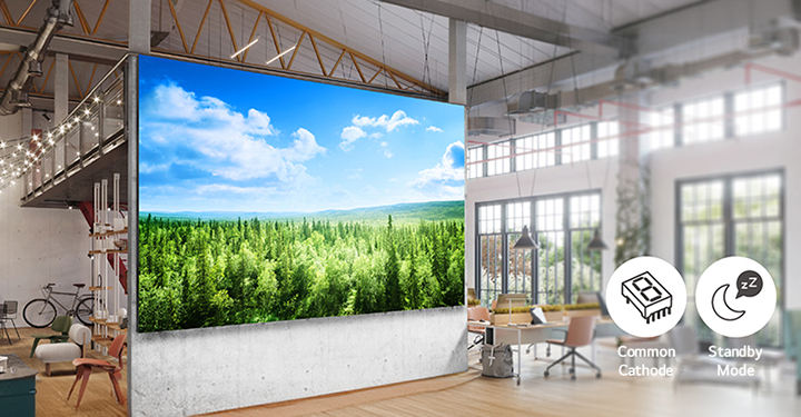 The LG MAGNIT, which increases energy efficiency through Common Cathode technology and features such as Standby Mode, is prominently installed on a large wall in the center of the office, providing a spacious and eco-friendly atmosphere.