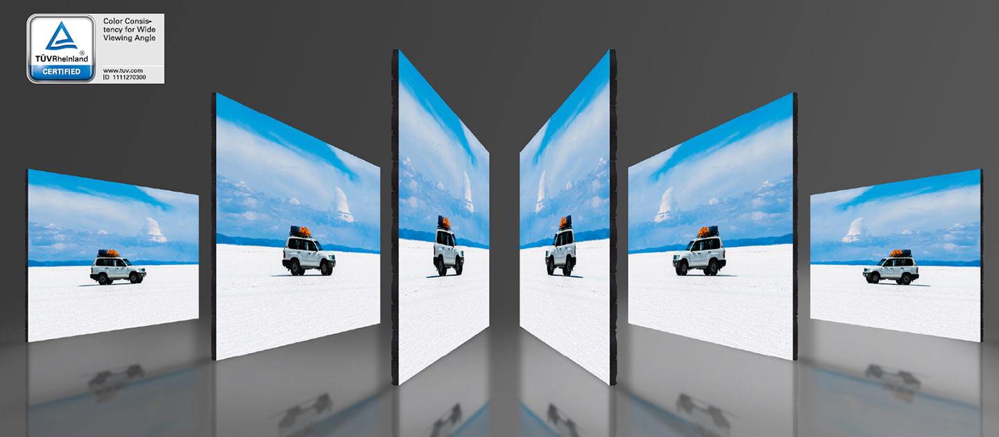 The same scene is being displayed on multiple screens set up at different angles, and each screen shows the same exact scene with accurate and consistent colors and no angle distortion.