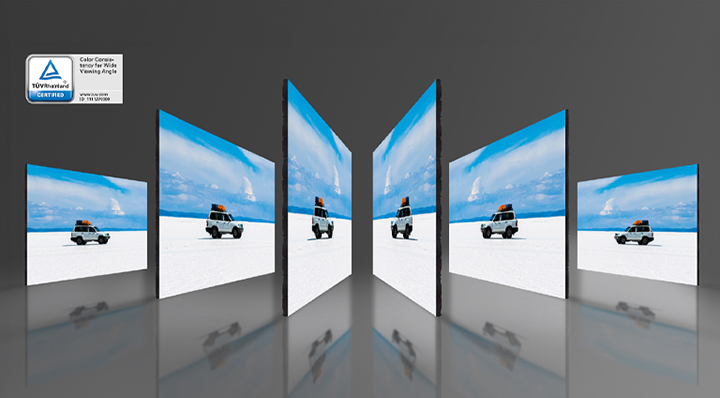 The same scene is being displayed on multiple screens set up at different angles, and each screen shows the same exact scene with accurate and consistent colors and no angle distortion.