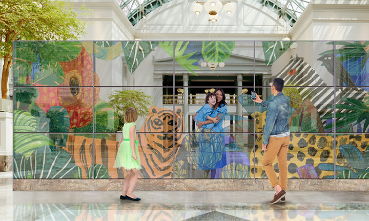 A family is taking a photo with a transparent OLED wall made up of 3ⅹ5 55EW5P-M indoors. The father, standing in front of the wall, is taking a picture of the mother and child, who are standing behind the wall with animals and plants naturally displayed on the screen.