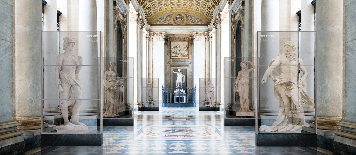 Transparent OLED screens are installed on both sides of the corridors in the museum. The screens display images of ancient statues along with information about them, with three 55EW5P-M stacked vertically to form the display.