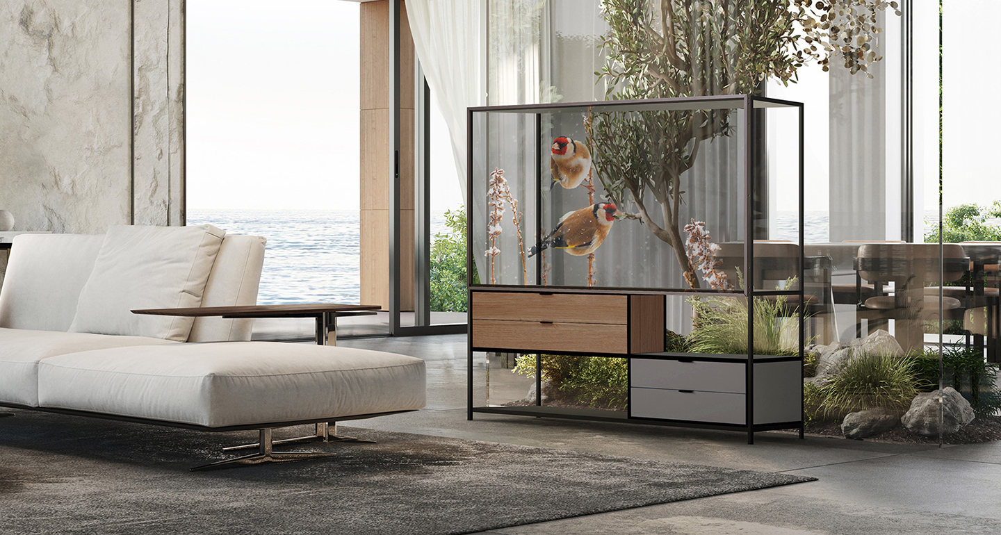 In the living room of a luxurious house with a high floor ocean view, furniture features an integrated transparent OLED display. The screen shows images of birds that blend seamlessly with the large tree visible behind the transparent display.