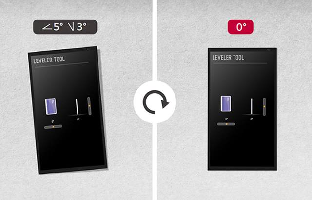 A display is installed without tilting using the self-leveler tool.