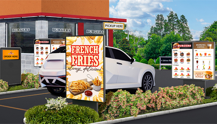 Several outdoor displays are installed at a burger place’s drive-thru, brightly and clearly showcasing the menu and food images.