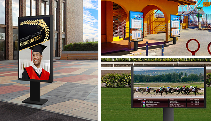 "An XE3P display is installed in the outdoor area next to the school building, clearly celebrating the graduation ceremony. Two XE3P displays are installed in front of the ticket booth at an amusement park, showing ticket purchase information clearly, even in strong sunlight. An XE3P display installed at the racetrack clearly shows the race and relevant information."