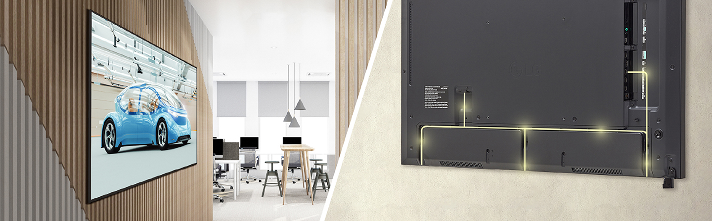 The UH7N-M, with slim bezels, is mounted close to the wall, showcasing a rear design optimized for space-saving with a simple cable management system.