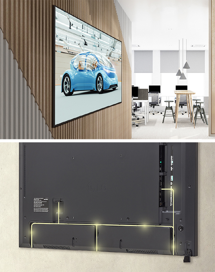 The UH7N-M, with slim bezels, is mounted close to the wall, showcasing a rear design optimized for space-saving with a simple cable management system.