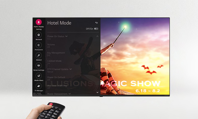 A person is controlling the TV settings with Hotel Mode.