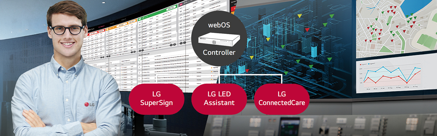 The LG employee is remotely monitoring the LSCC series installed in a different place by using a cloud-based LG monitoring solution. System controller with webOS enables the LSCC series to be compatible with LG software solutions.