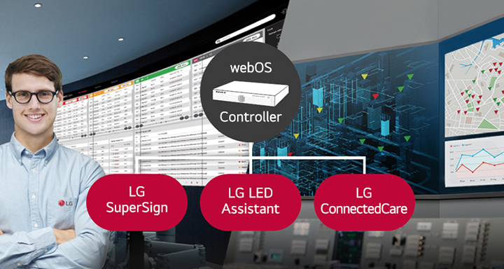 The LG employee is remotely monitoring the LSCC series installed in a different place by using a cloud-based LG monitoring solution. System controller with webOS enables the LSCC series to be compatible with LG software solutions.