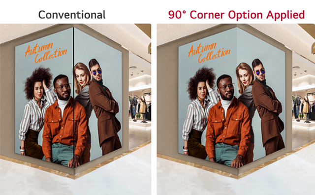 The content with the 90° corner option is shown without any interruptions even when installed on a corner.