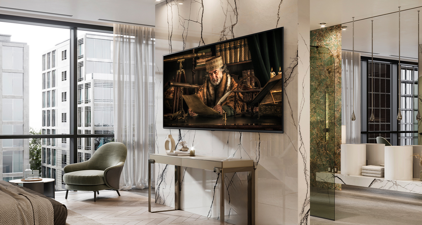 A TV is hanging on the wall of the hotel room, and the TV screen is bright and clear.