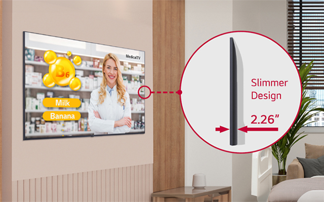 The UM672M TV is harmoniously installed on the hospital room’s wall, and the side view is enlarged to show that it has become thinner.