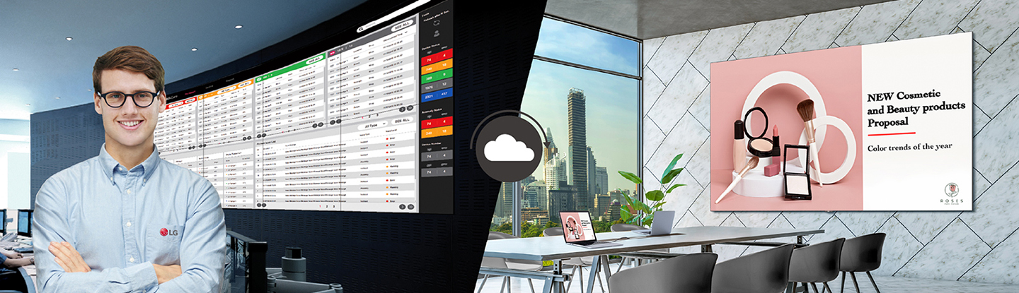 One of LG's employees is remotely monitoring the LAPA LED screen installed in a different place using the cloud-based LG monitoring solution called LG ConnectedCare.
