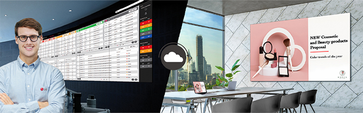 One of LG's employees is remotely monitoring the LAPA LED screen installed in a different place using the cloud-based LG monitoring solution called LG ConnectedCare.