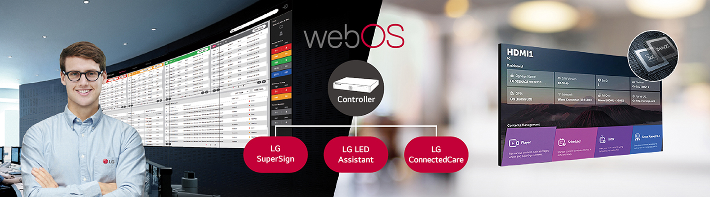 The LG employee is remotely monitoring the GSPA series installed in a different place by using a cloud-based LG monitoring solution. System controller with webOS enables the GSPA series to be compatible with LG software solutions.