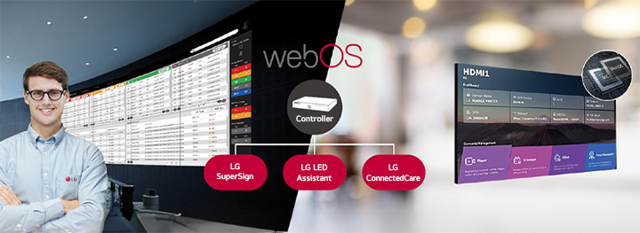 The LG employee is remotely monitoring the GSPA series installed in a different place by using a cloud-based LG monitoring solution. System controller with webOS enables the GSPA series to be compatible with LG software solutions.