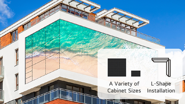 The use of two cabinet sizes and an L-shaped installation enables the LED screen to be seamlessly mounted on the building's cornered wall.