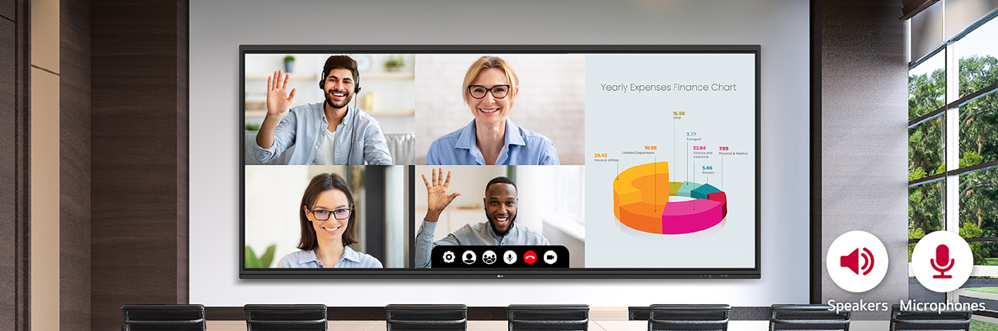 LG's interactive digital board is mounted on the meeting room wall, and a video conference is being conducted using its built-in speakers and microphones.