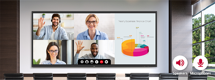 LG's interactive digital board is mounted on the meeting room wall, and a video conference is being conducted using its built-in speakers and microphones.