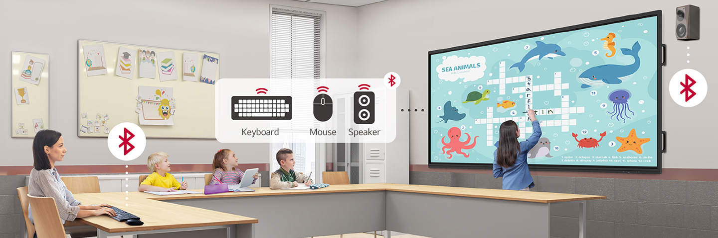 The LG's digital board can wirelessly connect to devices such as keyboards, mice, and speakers via Bluetooth.