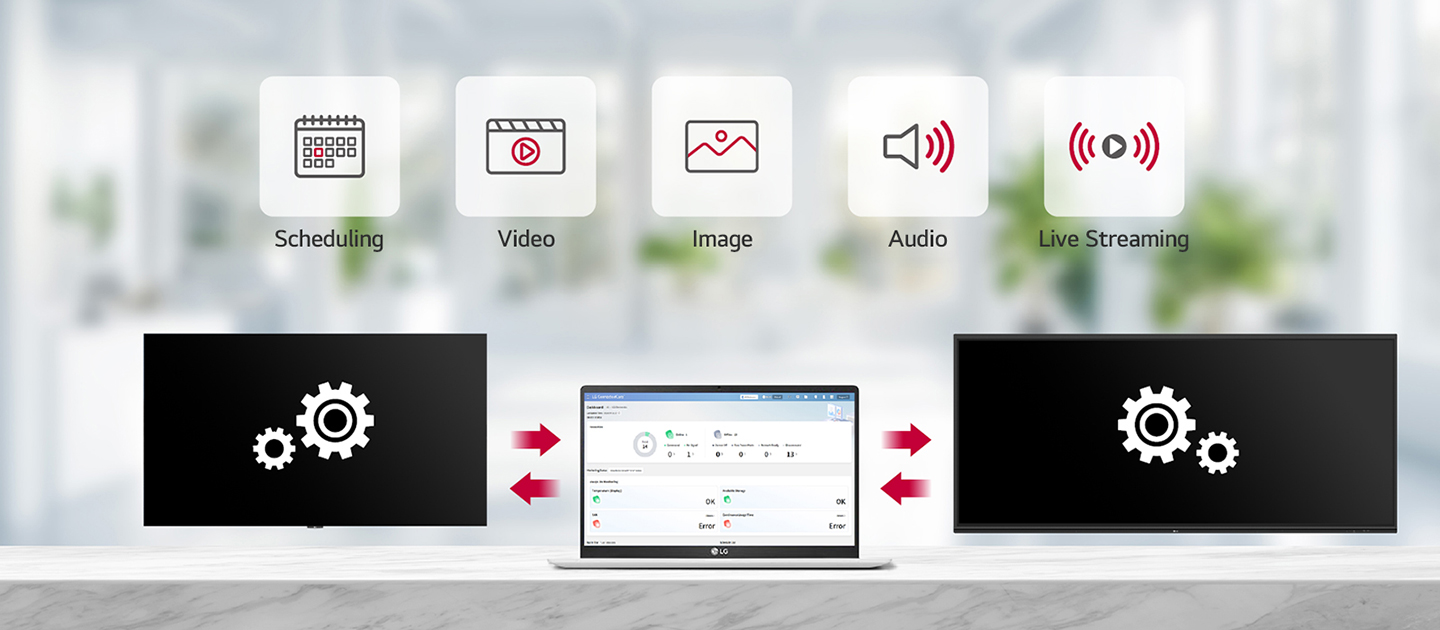 LG ConnectedCare enables the remote management of the LG CreateBoard and digital signage for scheduling, broadcasting videos, images, and audio, as well as live streaming.